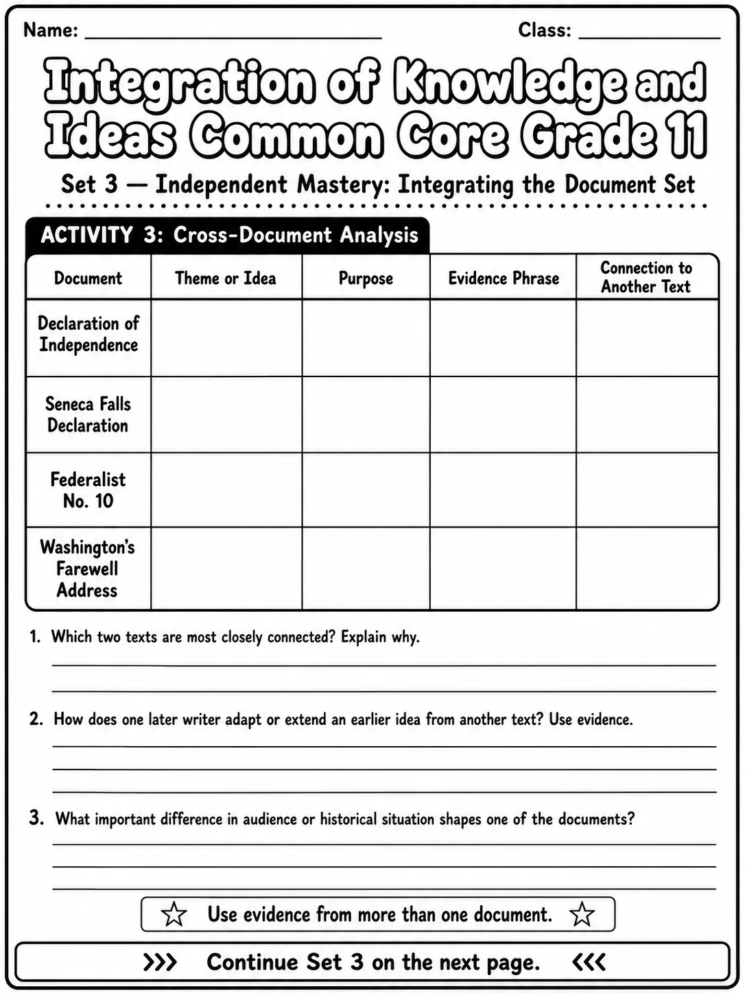 Integration of Knowledge and Ideas Common Core Grade 11 page 9 printable Common Core ELA worksheet preview