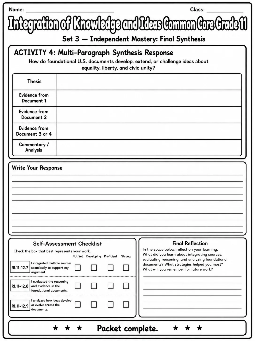 Integration of Knowledge and Ideas Common Core Grade 11 page 10 printable Common Core ELA worksheet preview