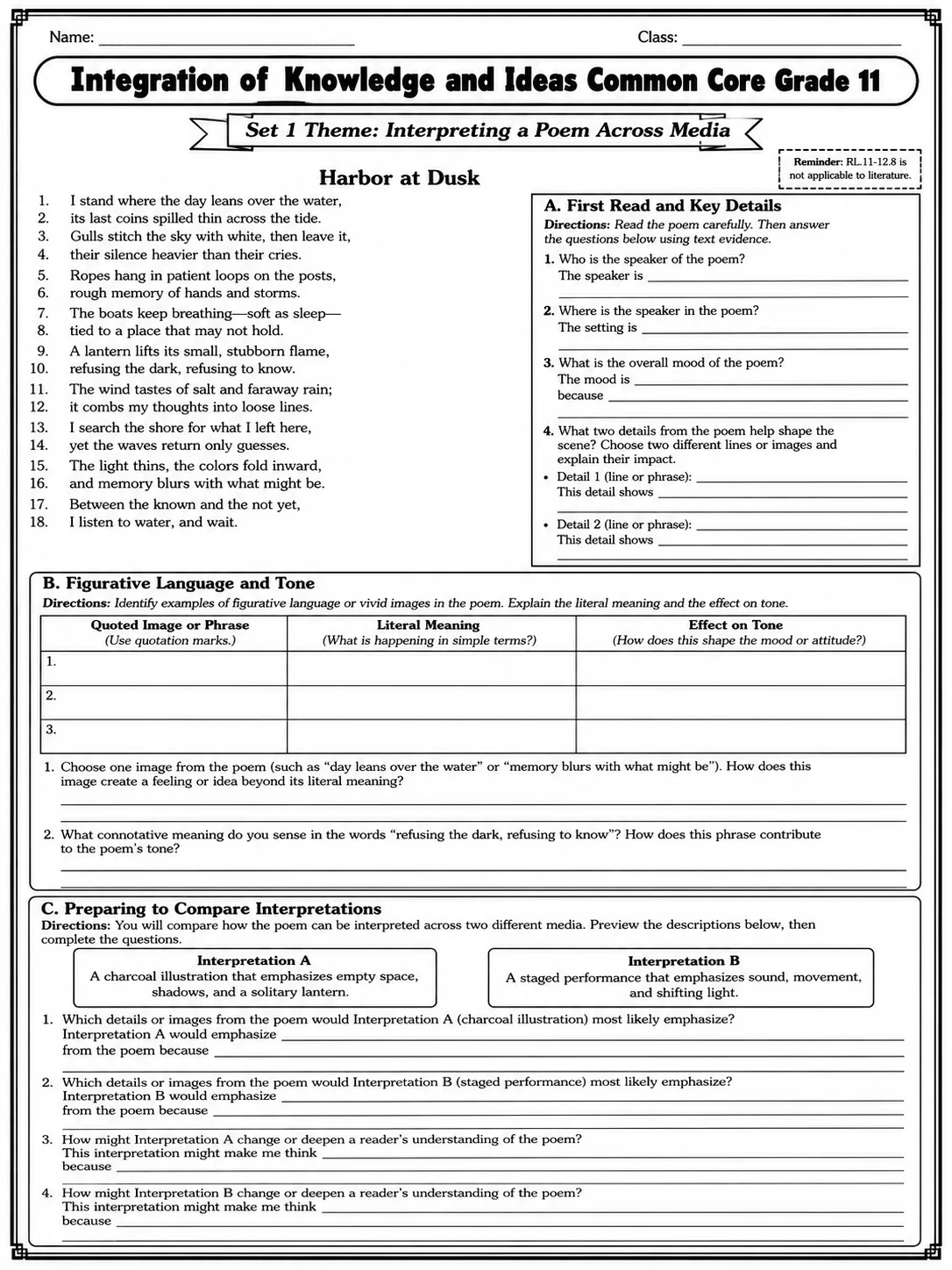 Integration of Knowledge and Ideas Common Core Grade 11 printable Common Core ELA Grade 11 worksheet preview from KiwiBee