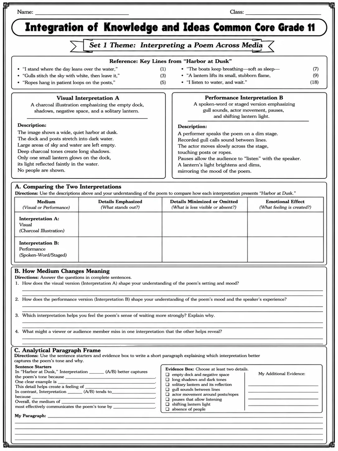 Integration of Knowledge and Ideas Common Core Grade 11 page 2 printable Common Core ELA worksheet preview