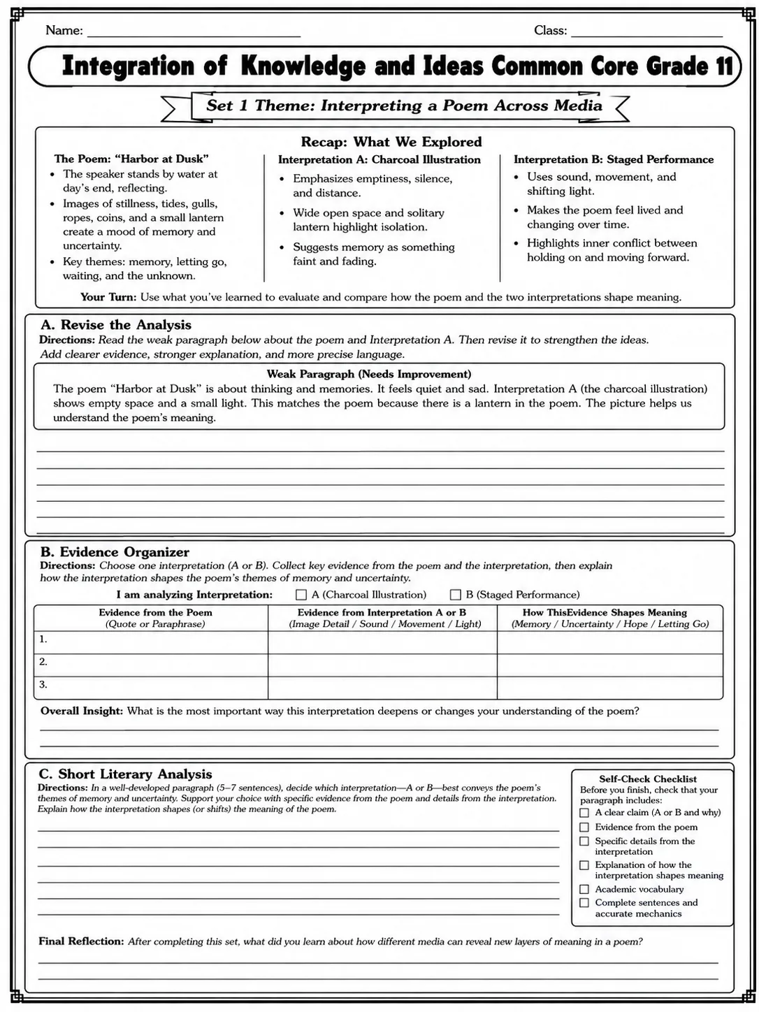 Integration of Knowledge and Ideas Common Core Grade 11 page 3 printable Common Core ELA worksheet preview