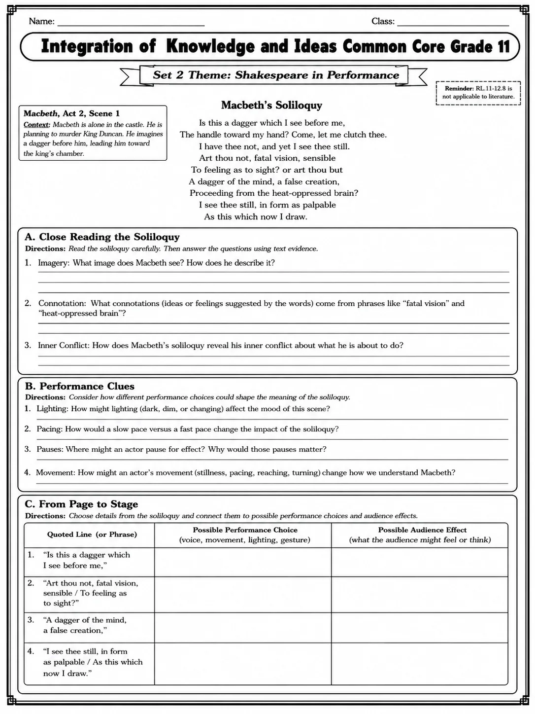 Integration of Knowledge and Ideas Common Core Grade 11 page 4 printable Common Core ELA worksheet preview