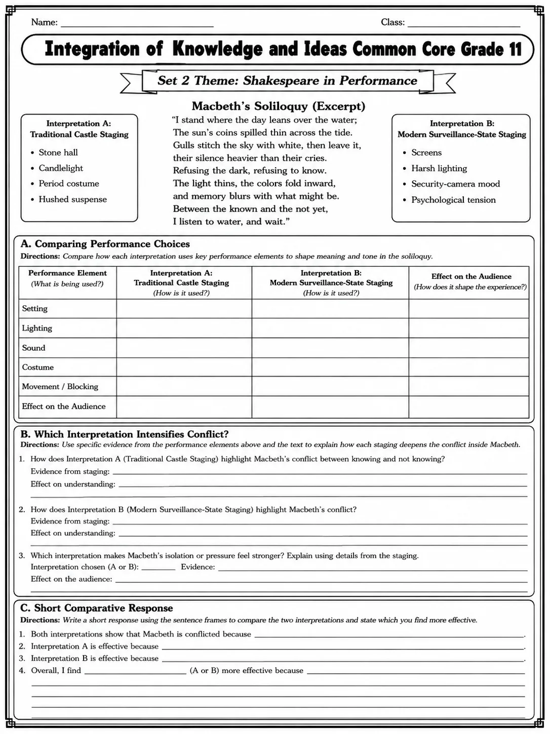 Integration of Knowledge and Ideas Common Core Grade 11 page 5 printable Common Core ELA worksheet preview