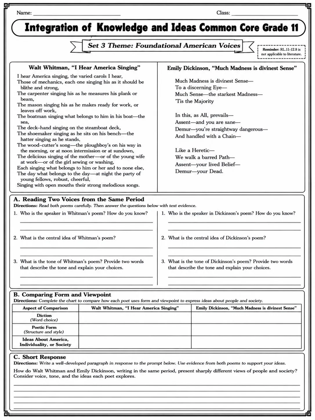 Integration of Knowledge and Ideas Common Core Grade 11 page 7 printable Common Core ELA worksheet preview