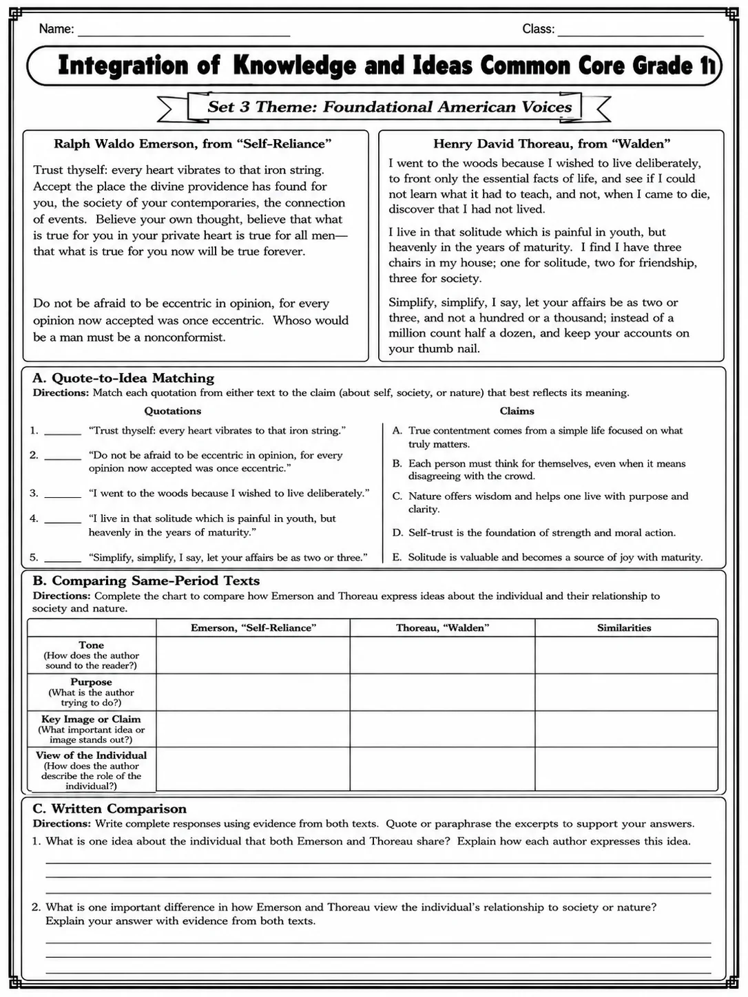 Integration of Knowledge and Ideas Common Core Grade 11 page 8 printable Common Core ELA worksheet preview