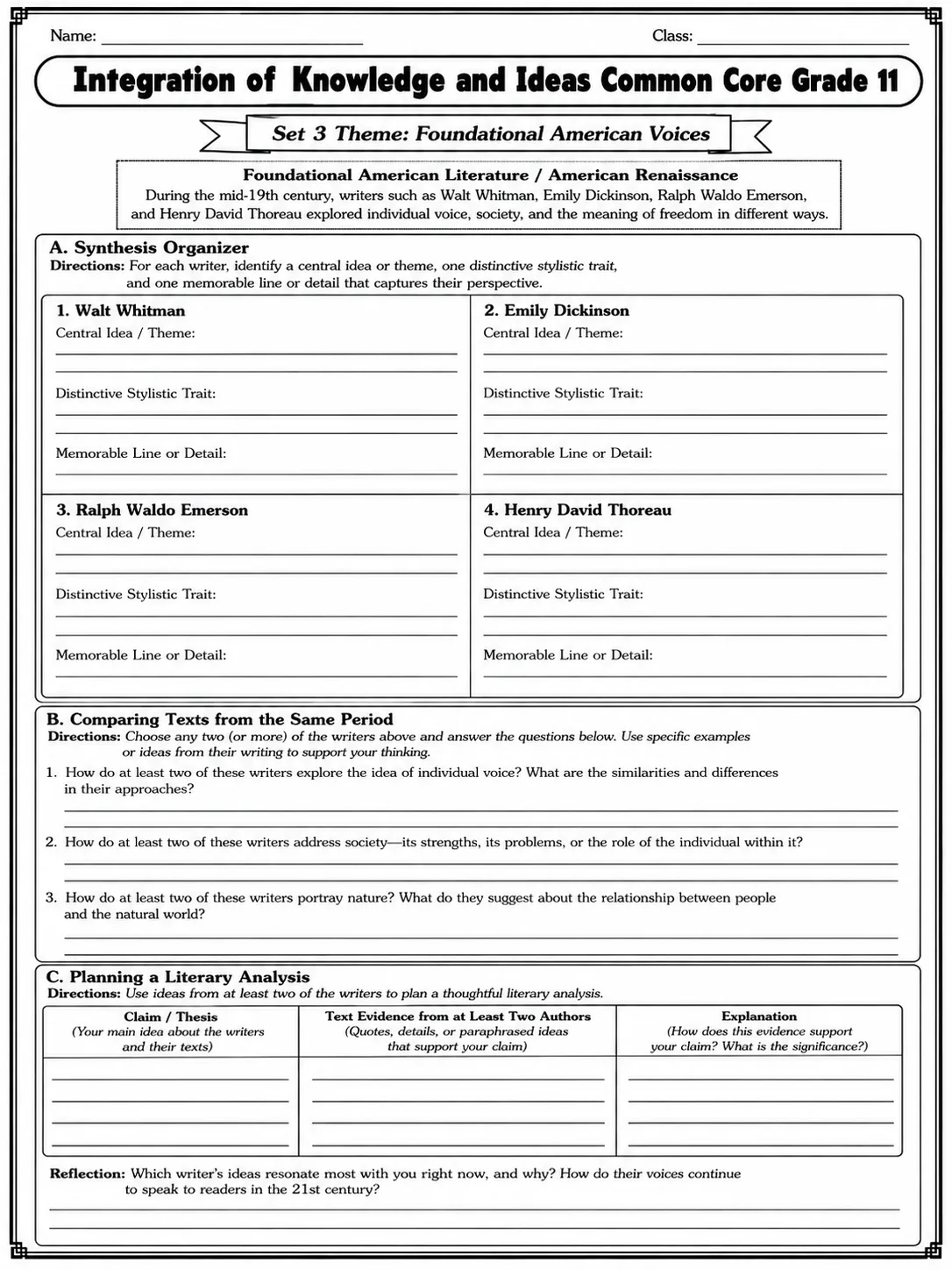 Integration of Knowledge and Ideas Common Core Grade 11 page 9 printable Common Core ELA worksheet preview