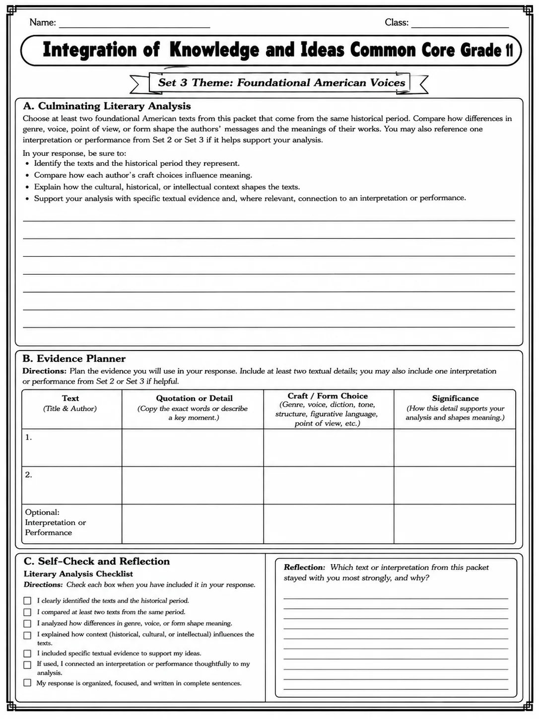 Integration of Knowledge and Ideas Common Core Grade 11 page 10 printable Common Core ELA worksheet preview