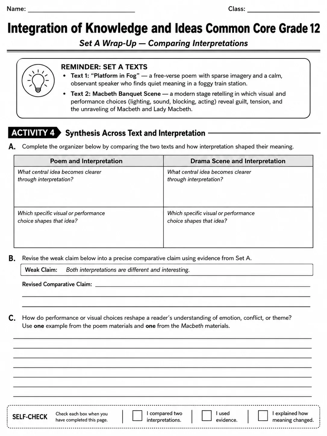 Integration of Knowledge and Ideas Common Core Grade 12 page 3 printable Common Core ELA worksheet preview