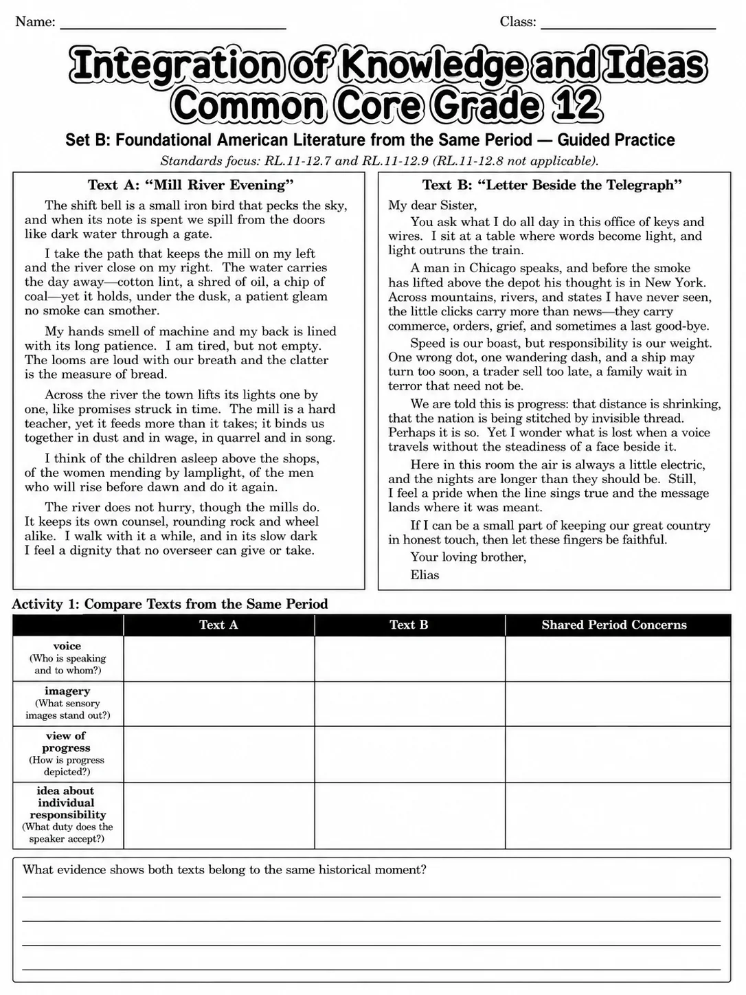 Integration of Knowledge and Ideas Common Core Grade 12 page 4 printable Common Core ELA worksheet preview
