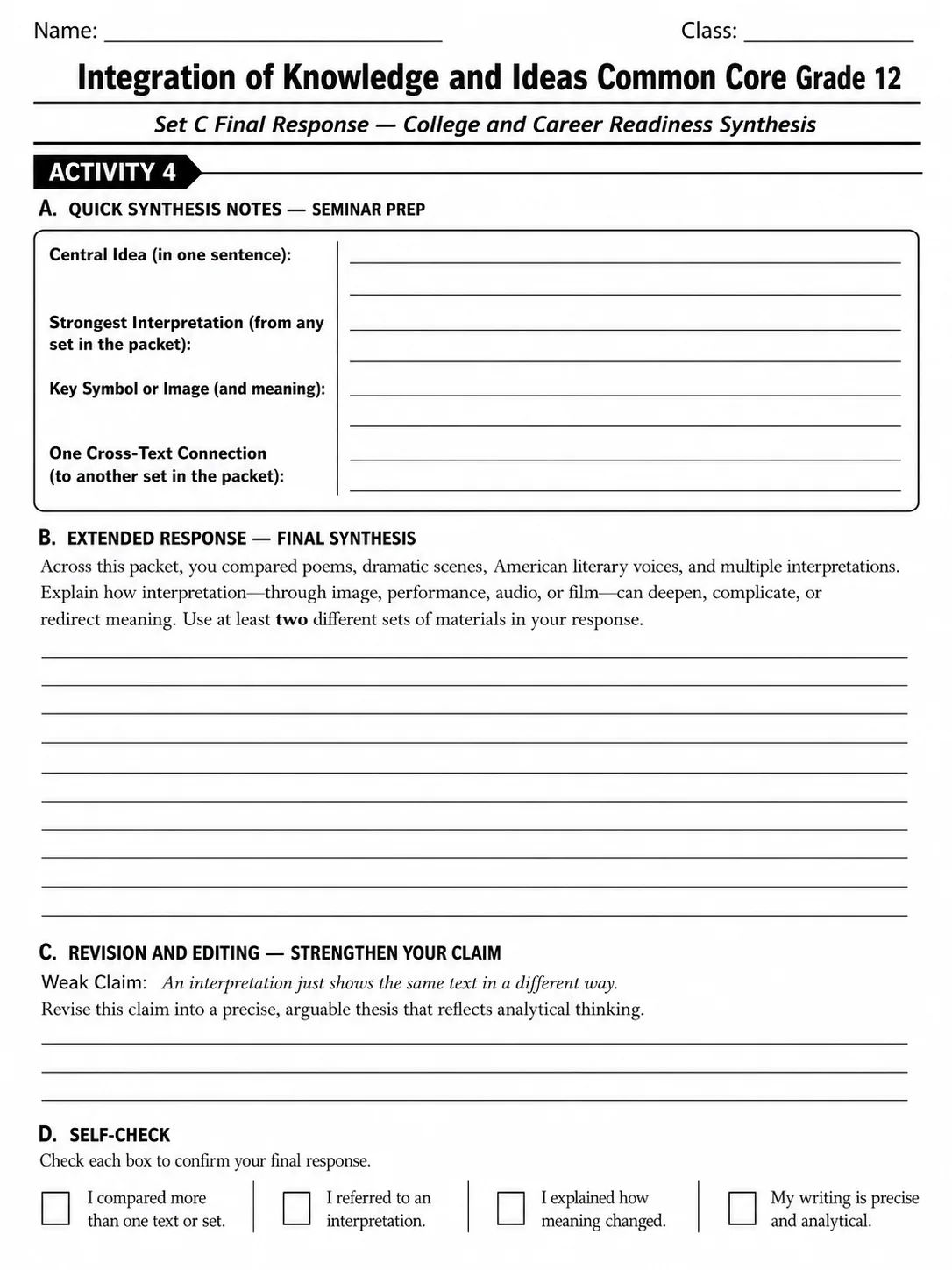 Integration of Knowledge and Ideas Common Core Grade 12 page 10 printable Common Core ELA worksheet preview