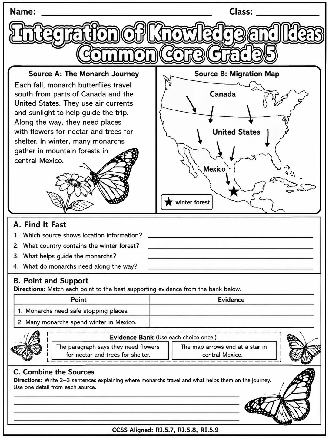 Integration of Knowledge and Ideas Common Core Grade 5 page 2 printable Common Core ELA worksheet preview