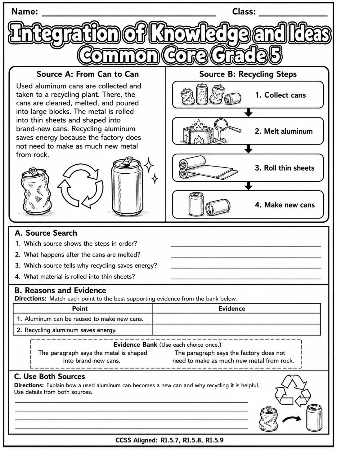Integration of Knowledge and Ideas Common Core Grade 5 page 3 printable Common Core ELA worksheet preview