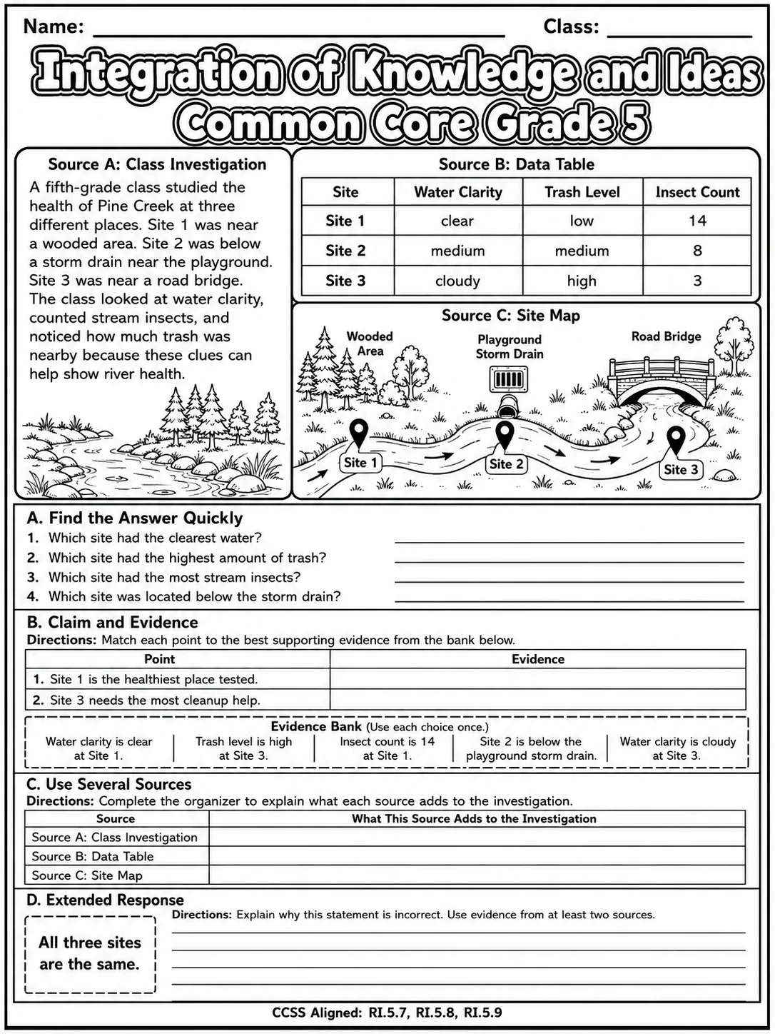 Integration of Knowledge and Ideas Common Core Grade 5 page 10 printable Common Core ELA worksheet preview