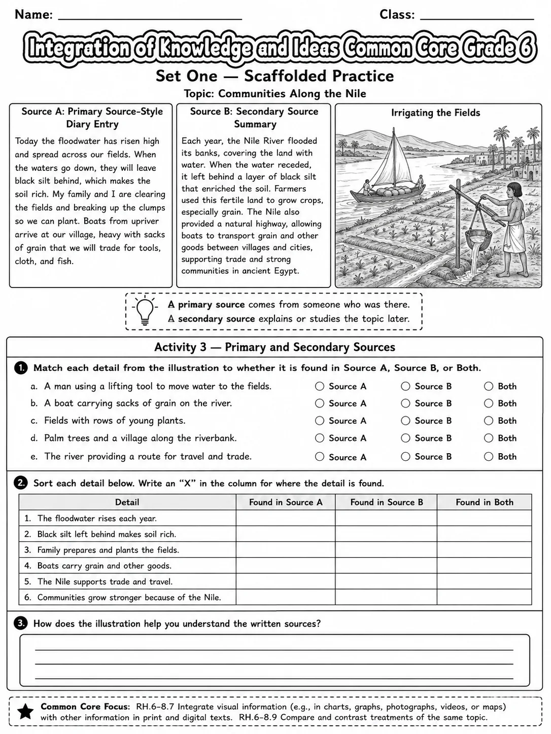 Integration of Knowledge and Ideas Common Core Grade 6 page 2 printable Common Core ELA worksheet preview
