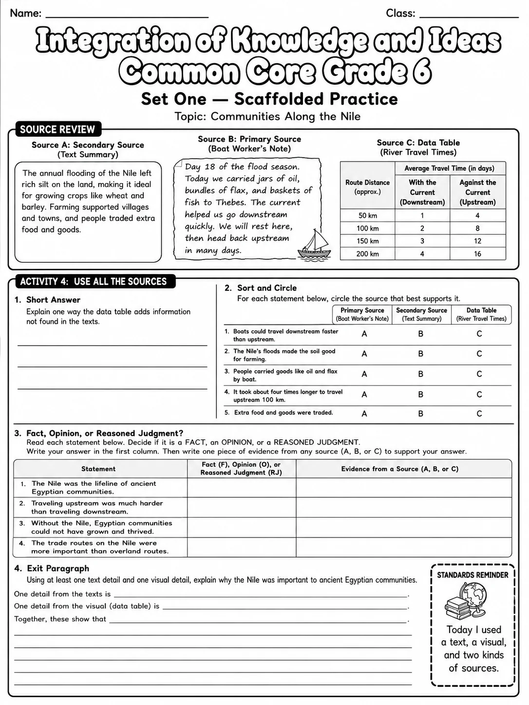 Integration of Knowledge and Ideas Common Core Grade 6 page 3 printable Common Core ELA worksheet preview
