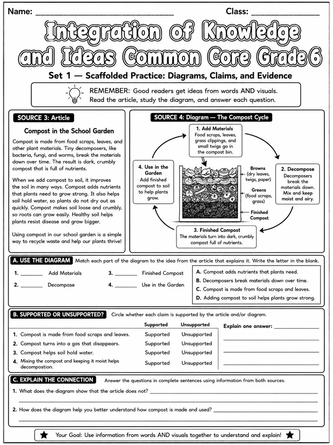 Integration of Knowledge and Ideas Common Core Grade 6 page 2 printable Common Core ELA worksheet preview