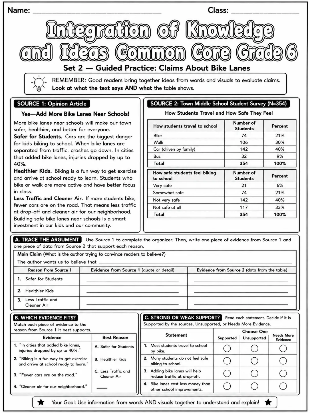Integration of Knowledge and Ideas Common Core Grade 6 page 5 printable Common Core ELA worksheet preview