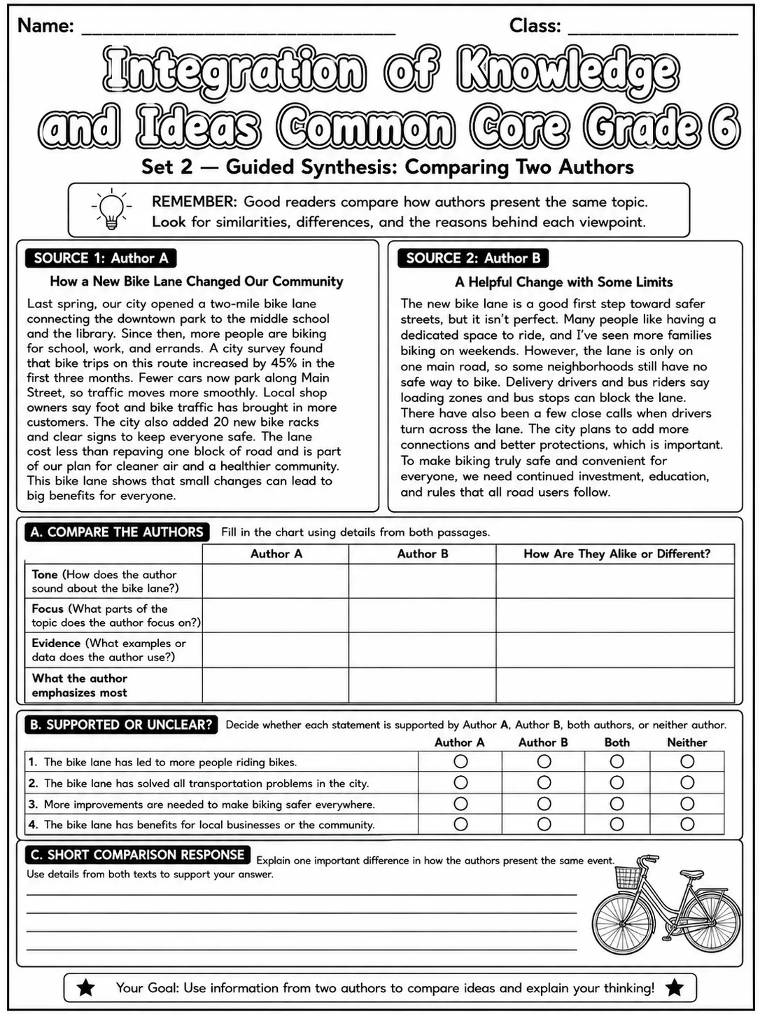Integration of Knowledge and Ideas Common Core Grade 6 page 6 printable Common Core ELA worksheet preview