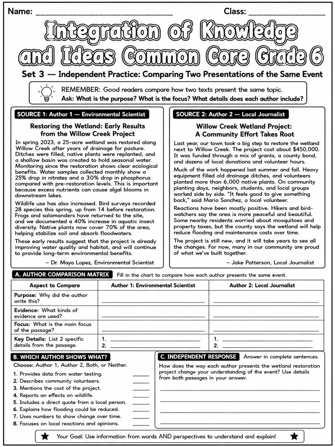 Integration of Knowledge and Ideas Common Core Grade 6 page 9 printable Common Core ELA worksheet preview