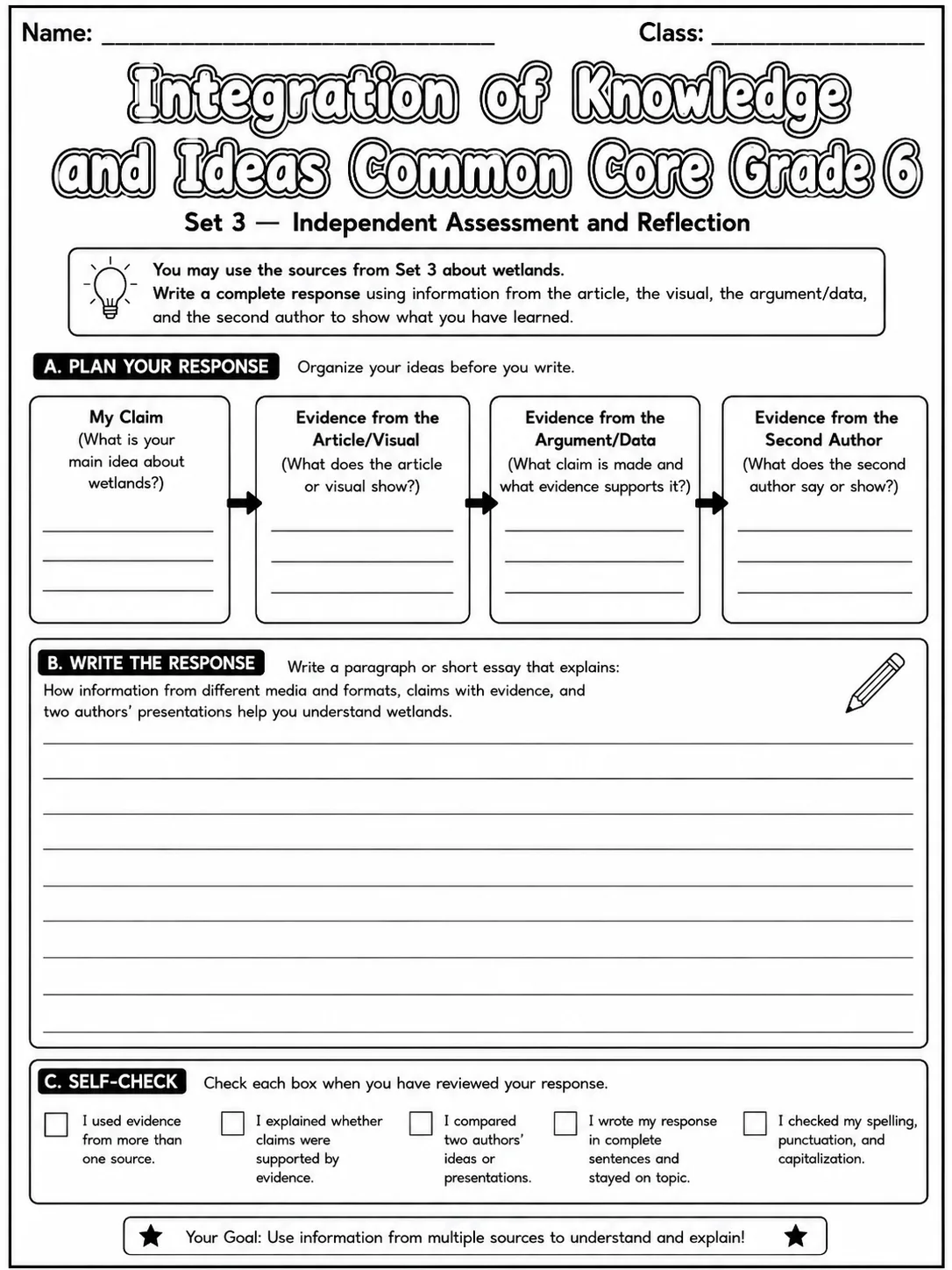 Integration of Knowledge and Ideas Common Core Grade 6 page 10 printable Common Core ELA worksheet preview