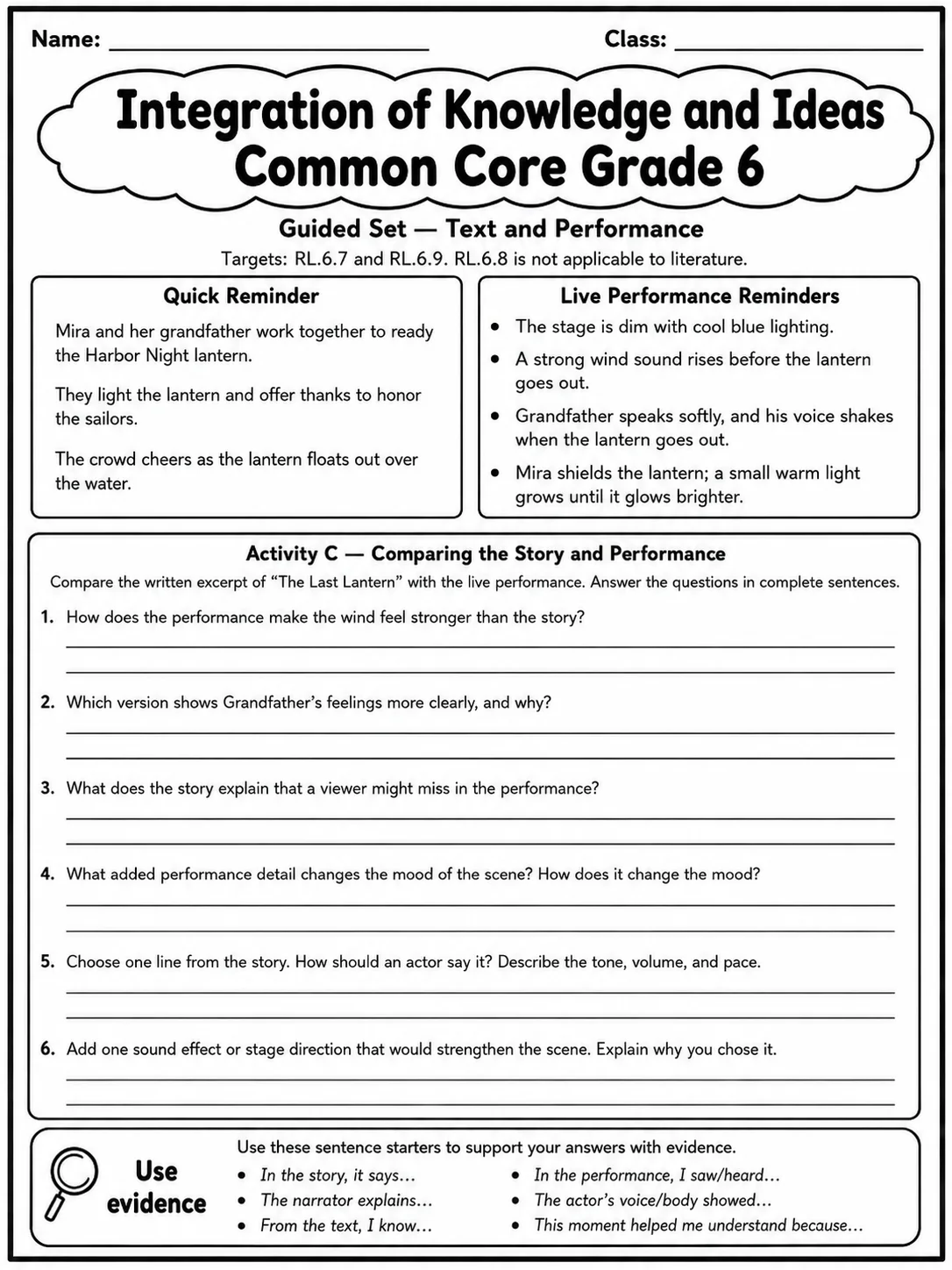 Integration of Knowledge and Ideas Common Core Grade 6 page 2 printable Common Core ELA worksheet preview