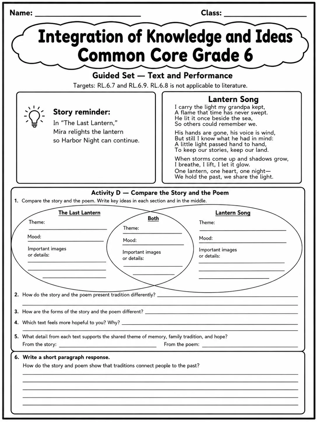 Integration of Knowledge and Ideas Common Core Grade 6 page 3 printable Common Core ELA worksheet preview