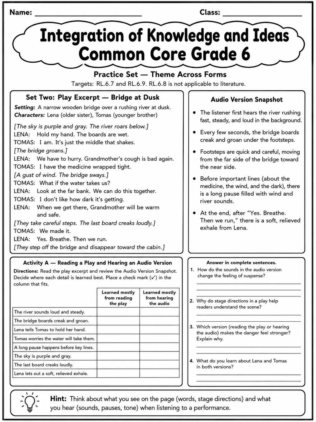 Integration of Knowledge and Ideas Common Core Grade 6 page 4 printable Common Core ELA worksheet preview