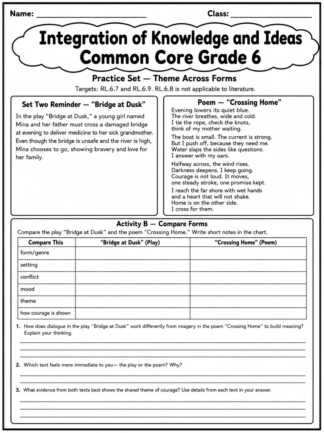 Integration of Knowledge and Ideas Common Core Grade 6 page 5 printable Common Core ELA worksheet preview