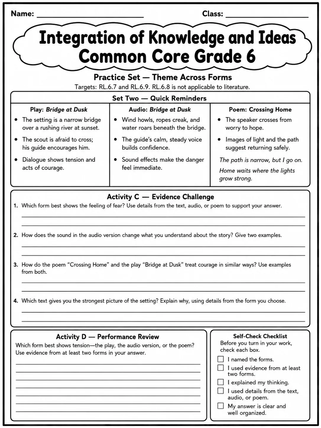 Integration of Knowledge and Ideas Common Core Grade 6 page 6 printable Common Core ELA worksheet preview