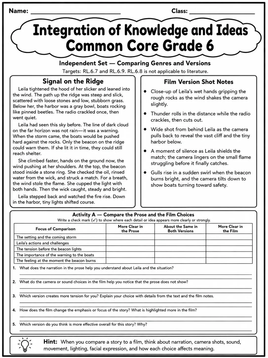 Integration of Knowledge and Ideas Common Core Grade 6 page 7 printable Common Core ELA worksheet preview
