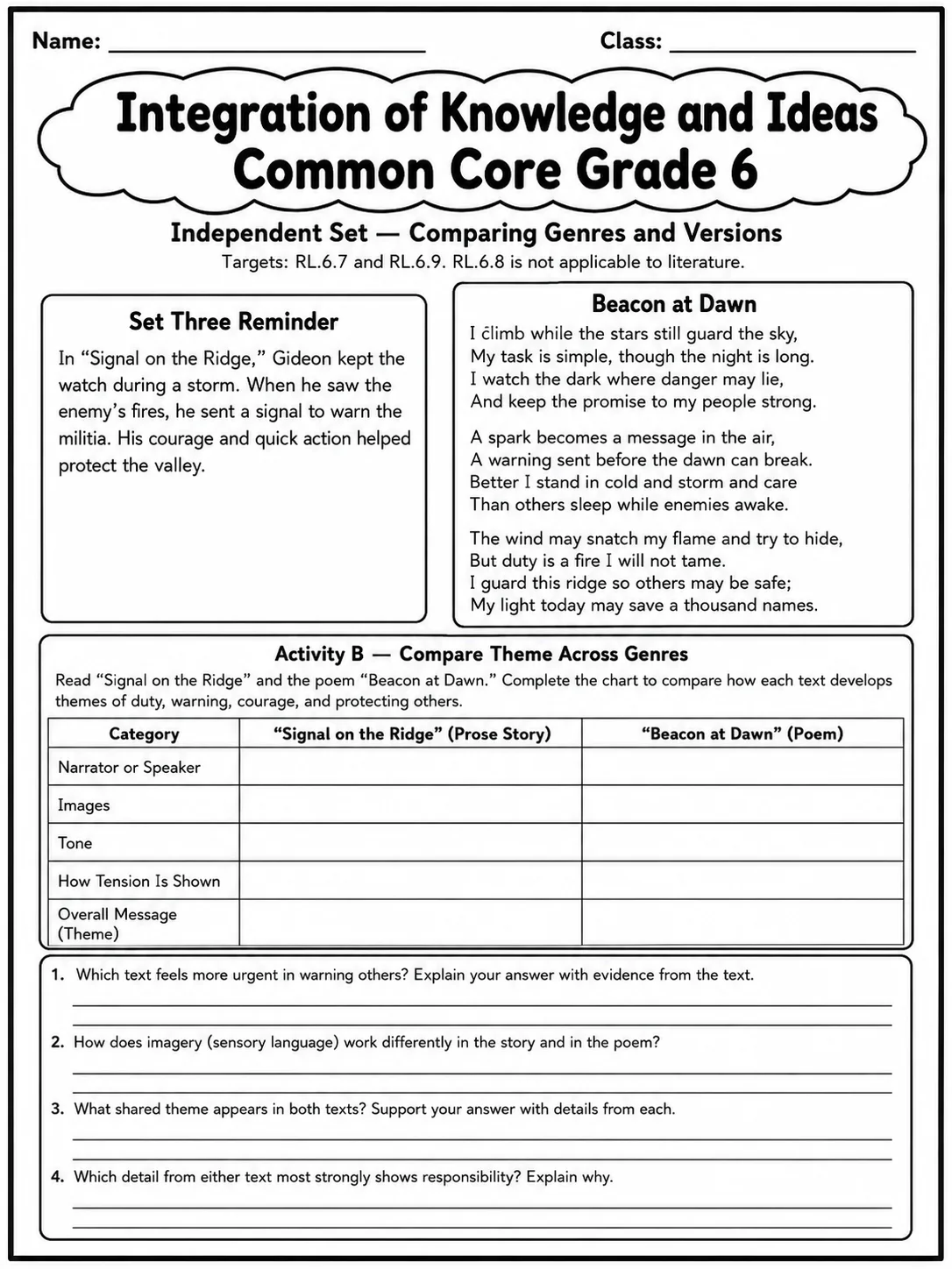 Integration of Knowledge and Ideas Common Core Grade 6 page 8 printable Common Core ELA worksheet preview