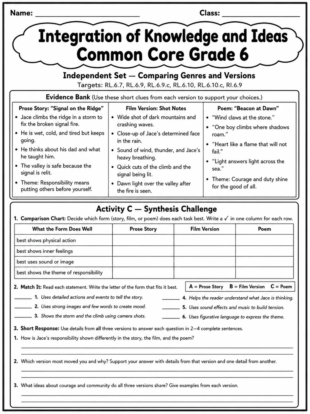 Integration of Knowledge and Ideas Common Core Grade 6 page 9 printable Common Core ELA worksheet preview