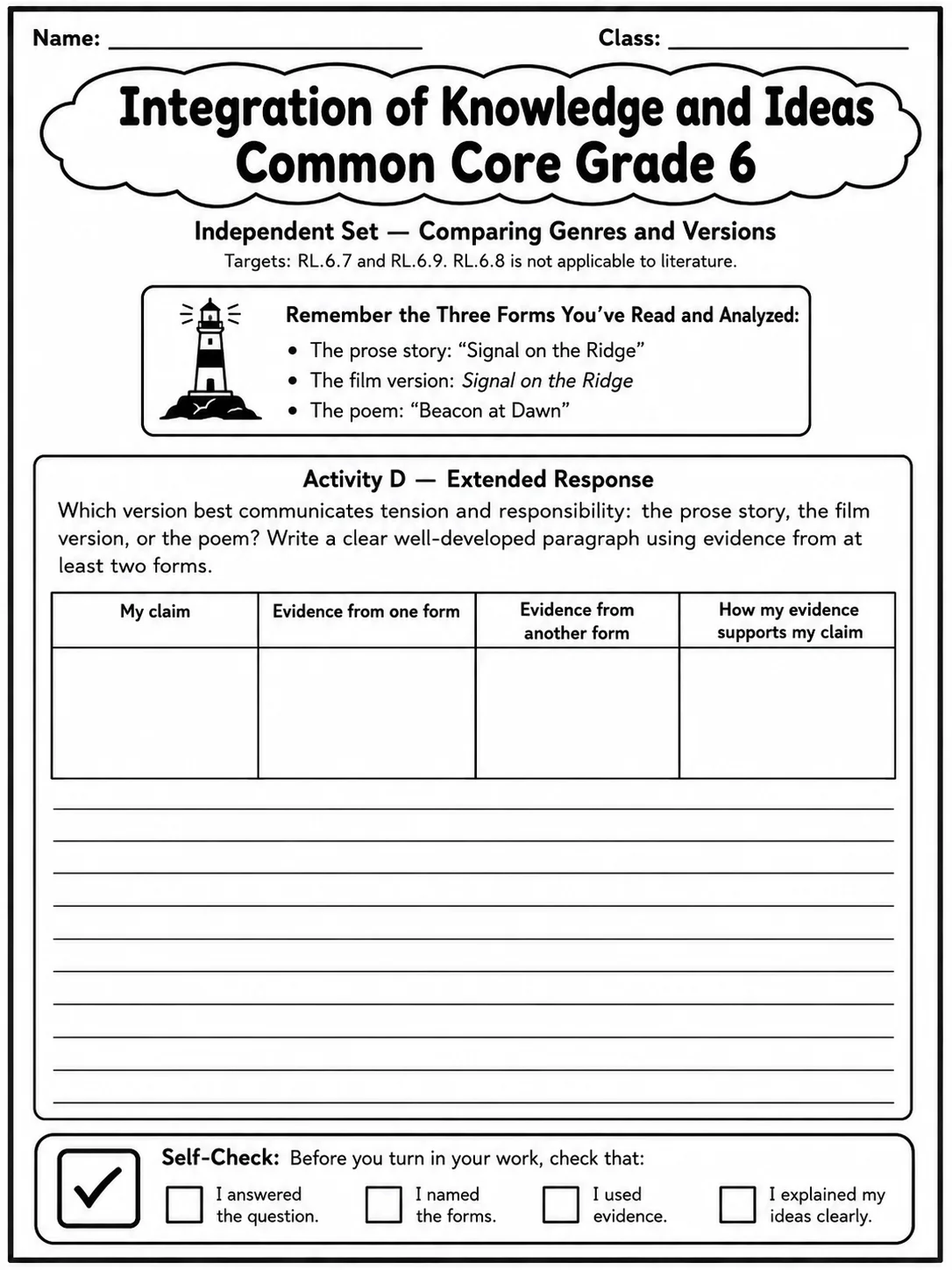 Integration of Knowledge and Ideas Common Core Grade 6 page 10 printable Common Core ELA worksheet preview