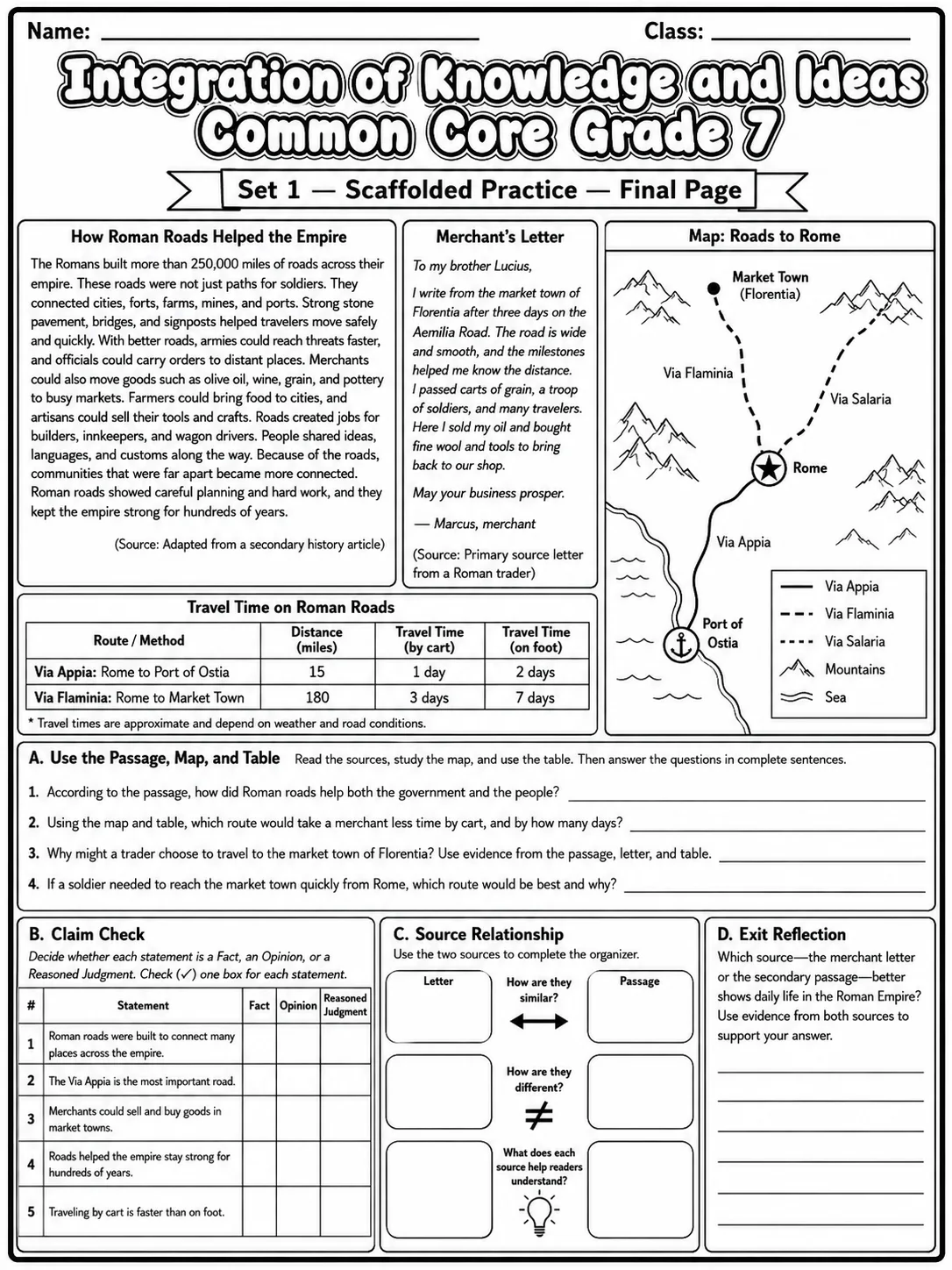 Integration of Knowledge and Ideas Common Core Grade 7 page 3 printable Common Core ELA worksheet preview