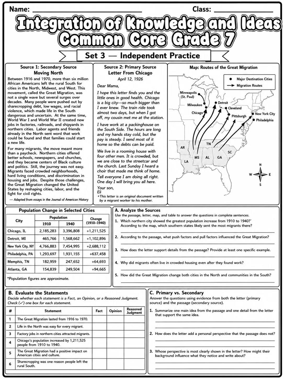 Integration of Knowledge and Ideas Common Core Grade 7 page 7 printable Common Core ELA worksheet preview