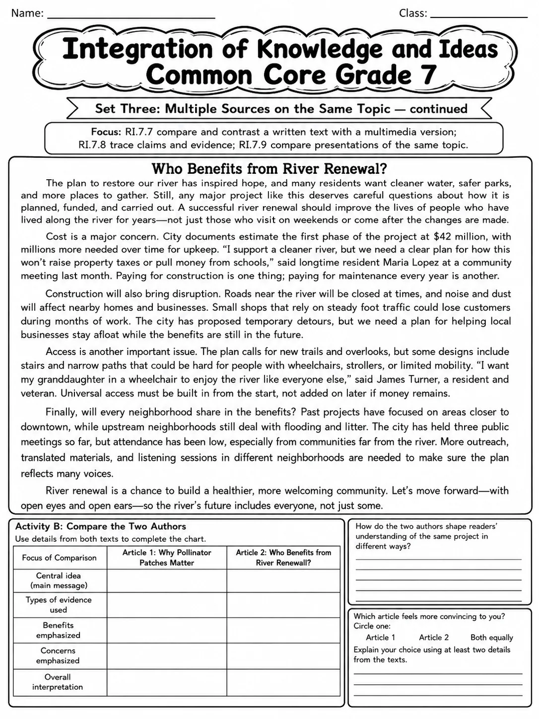 Integration of Knowledge and Ideas Common Core Grade 7 page 4 printable Common Core ELA worksheet preview