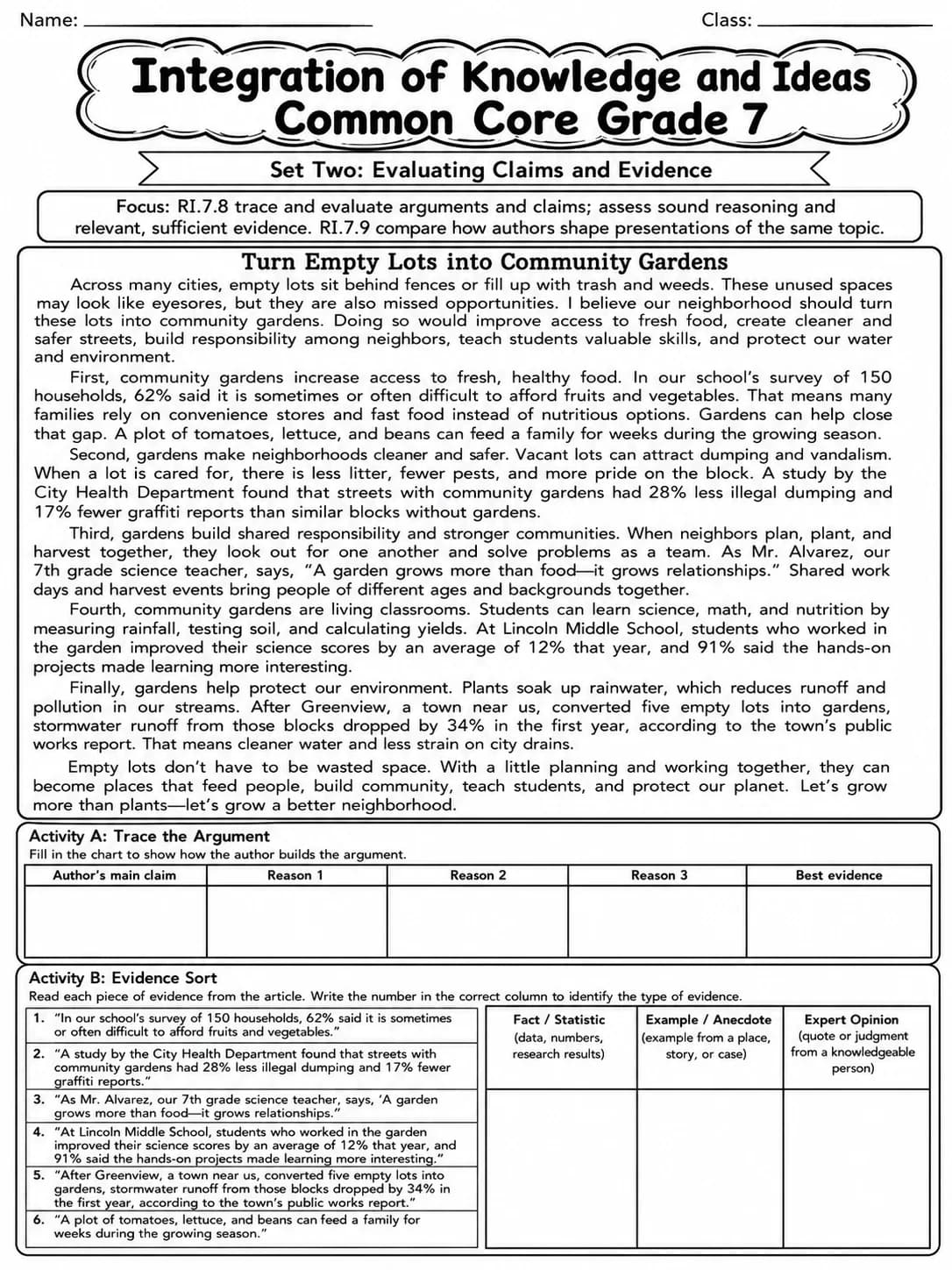 Integration of Knowledge and Ideas Common Core Grade 7 page 5 printable Common Core ELA worksheet preview