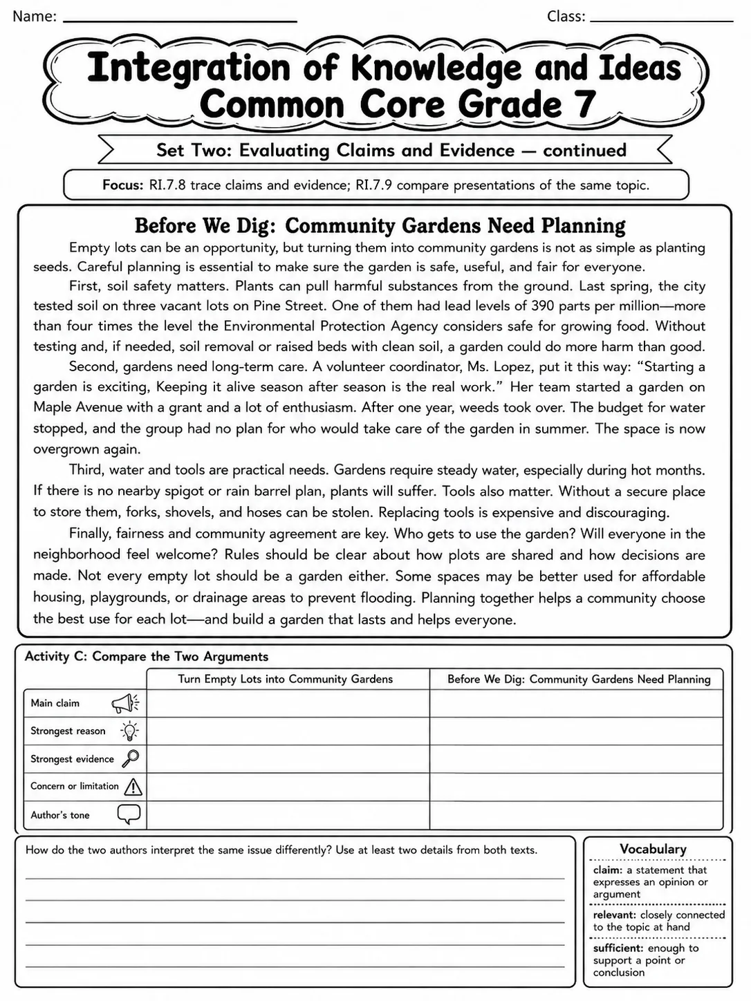 Integration of Knowledge and Ideas Common Core Grade 7 page 7 printable Common Core ELA worksheet preview
