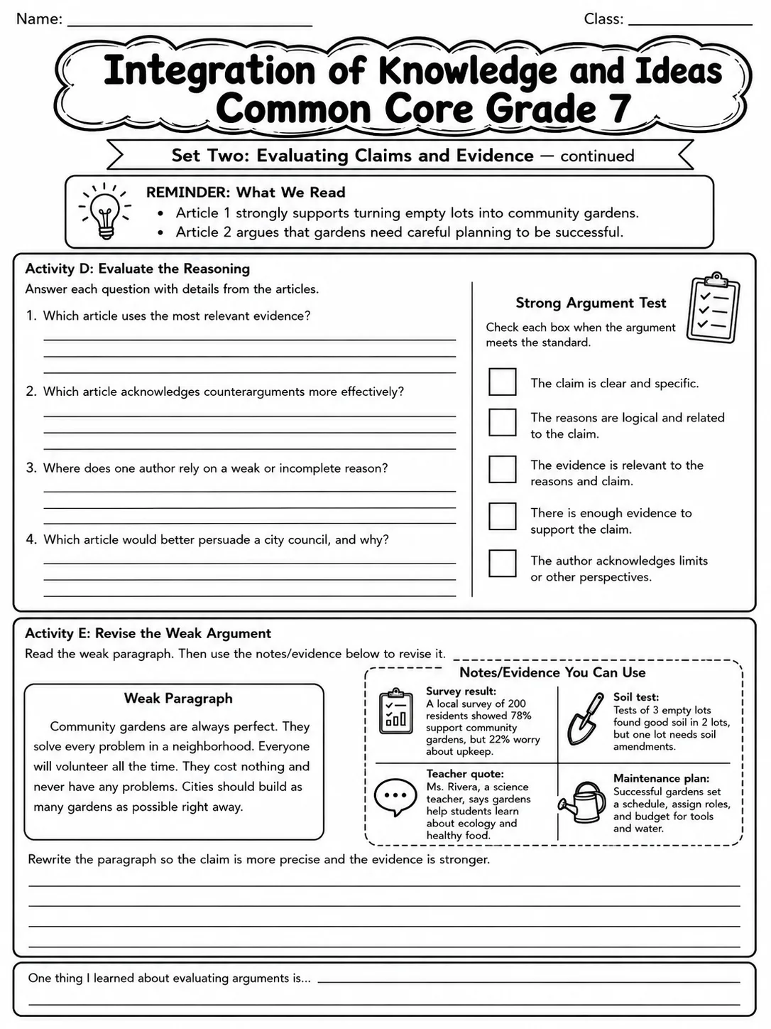 Integration of Knowledge and Ideas Common Core Grade 7 page 8 printable Common Core ELA worksheet preview