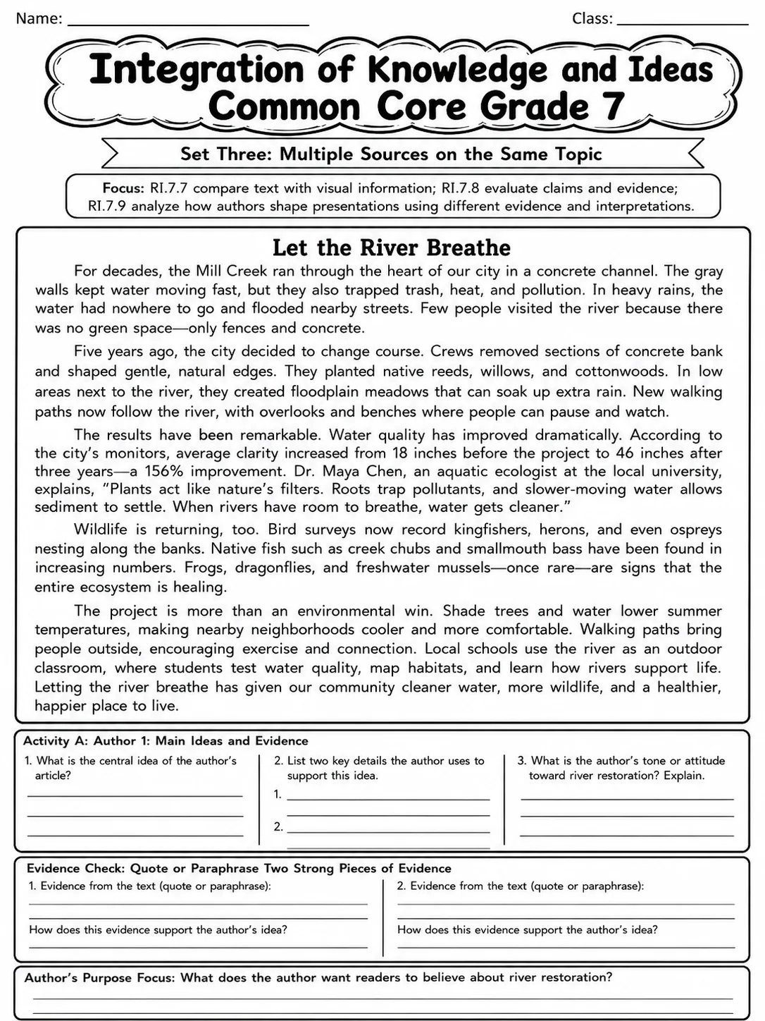 Integration of Knowledge and Ideas Common Core Grade 7 page 9 printable Common Core ELA worksheet preview