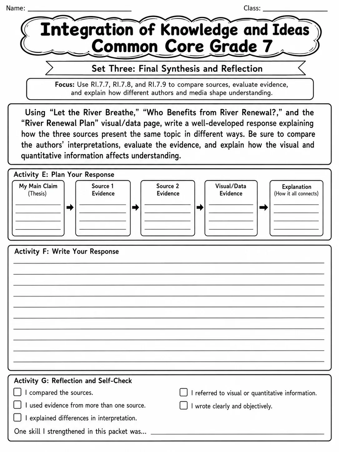 Integration of Knowledge and Ideas Common Core Grade 7 page 10 printable Common Core ELA worksheet preview