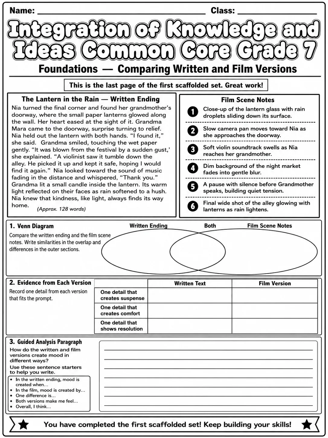 Integration of Knowledge and Ideas Common Core Grade 7 page 3 printable Common Core ELA worksheet preview