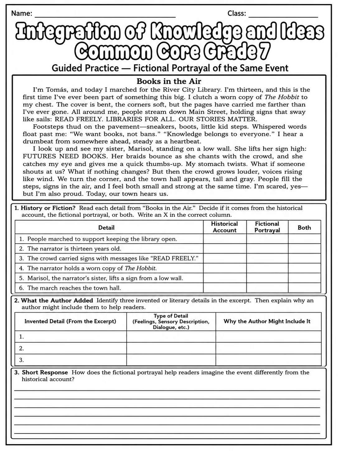 Integration of Knowledge and Ideas Common Core Grade 7 page 5 printable Common Core ELA worksheet preview