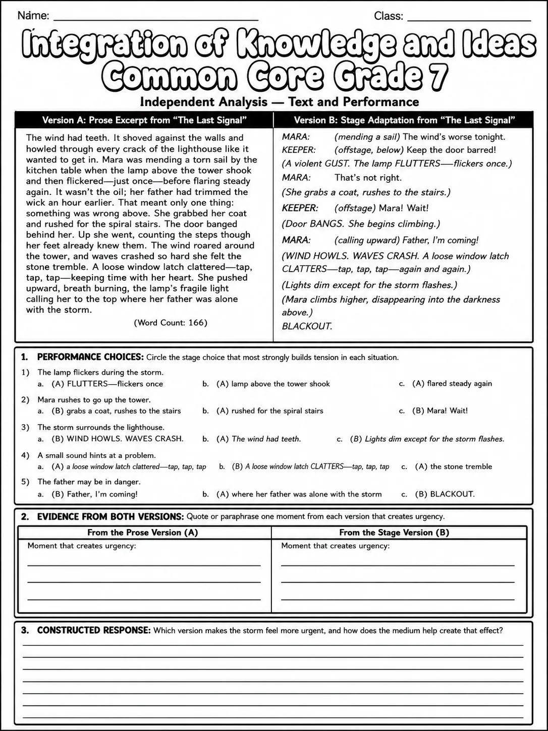 Integration of Knowledge and Ideas Common Core Grade 7 page 7 printable Common Core ELA worksheet preview