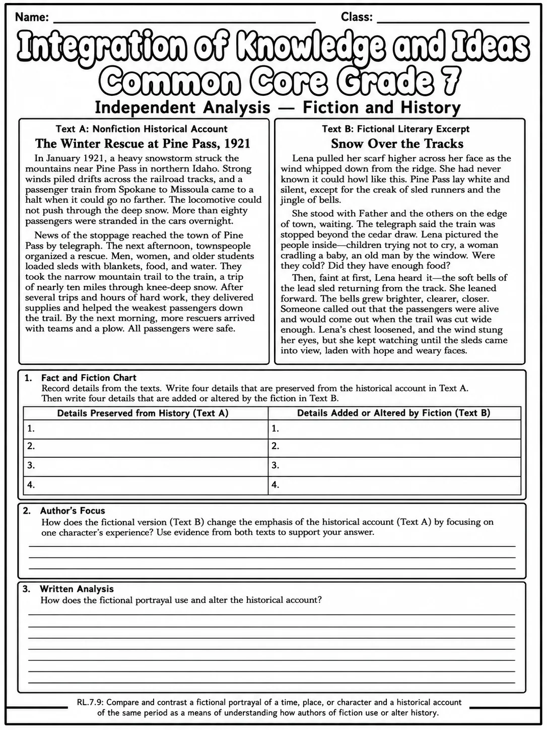 Integration of Knowledge and Ideas Common Core Grade 7 page 9 printable Common Core ELA worksheet preview