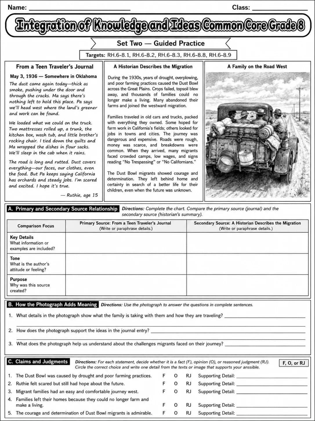 Integration of Knowledge and Ideas Common Core Grade 8 page 5 printable Common Core ELA worksheet preview