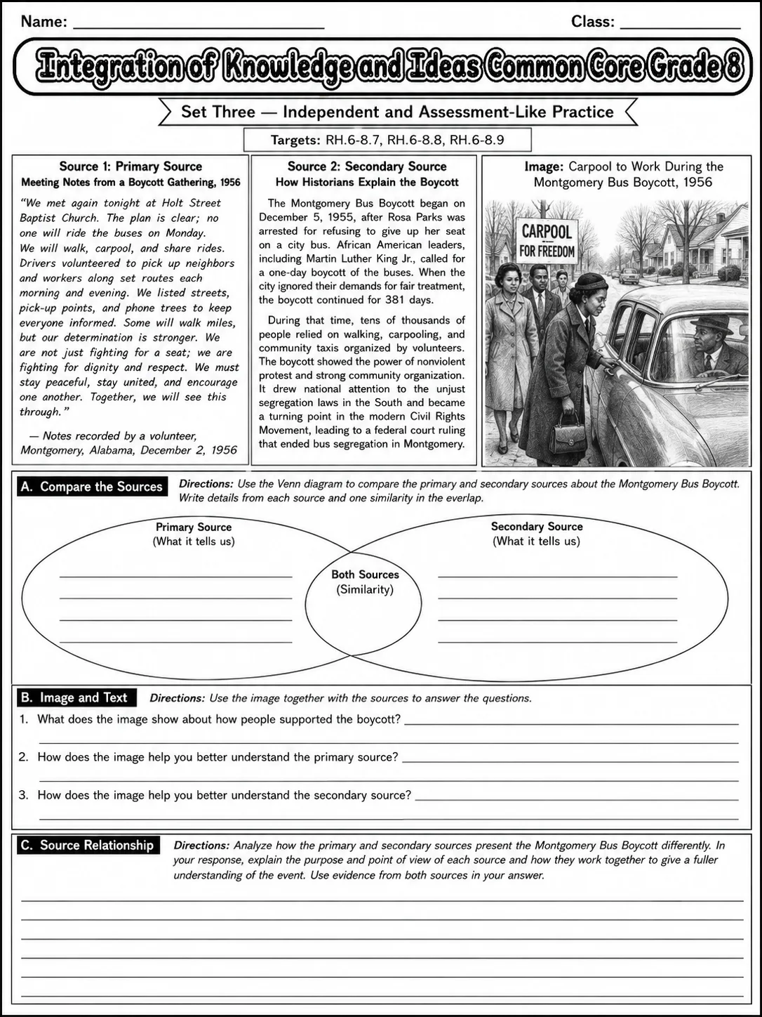 Integration of Knowledge and Ideas Common Core Grade 8 page 8 printable Common Core ELA worksheet preview