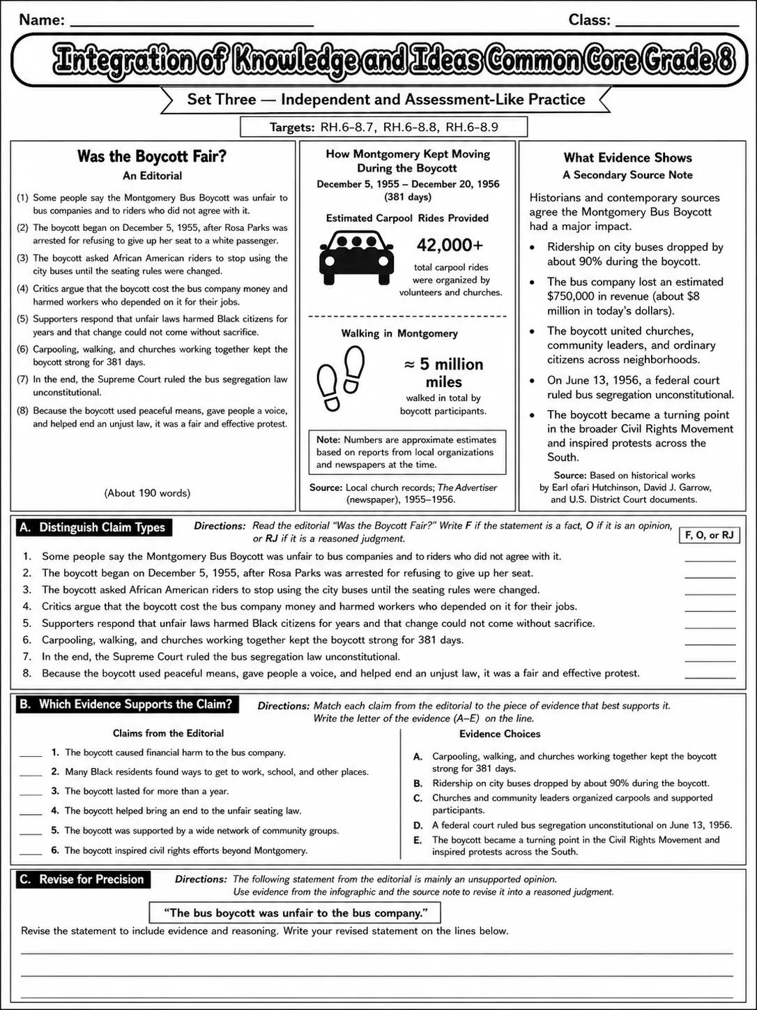 Integration of Knowledge and Ideas Common Core Grade 8 page 9 printable Common Core ELA worksheet preview