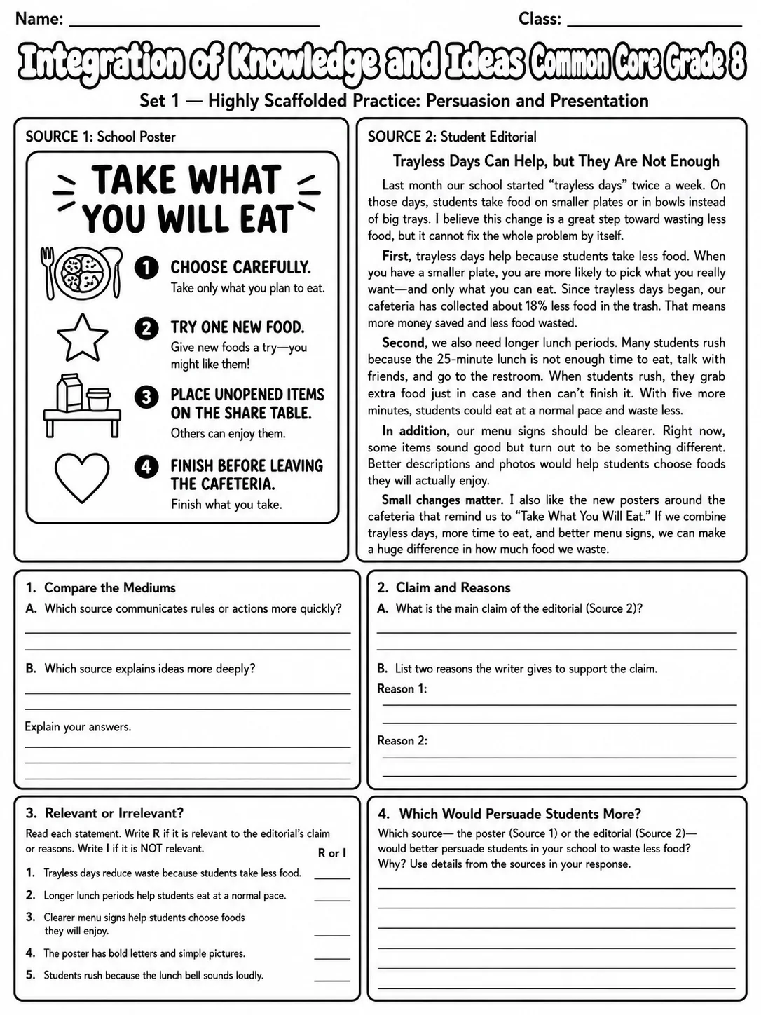 Integration of Knowledge and Ideas Common Core Grade 8 page 2 printable Common Core ELA worksheet preview