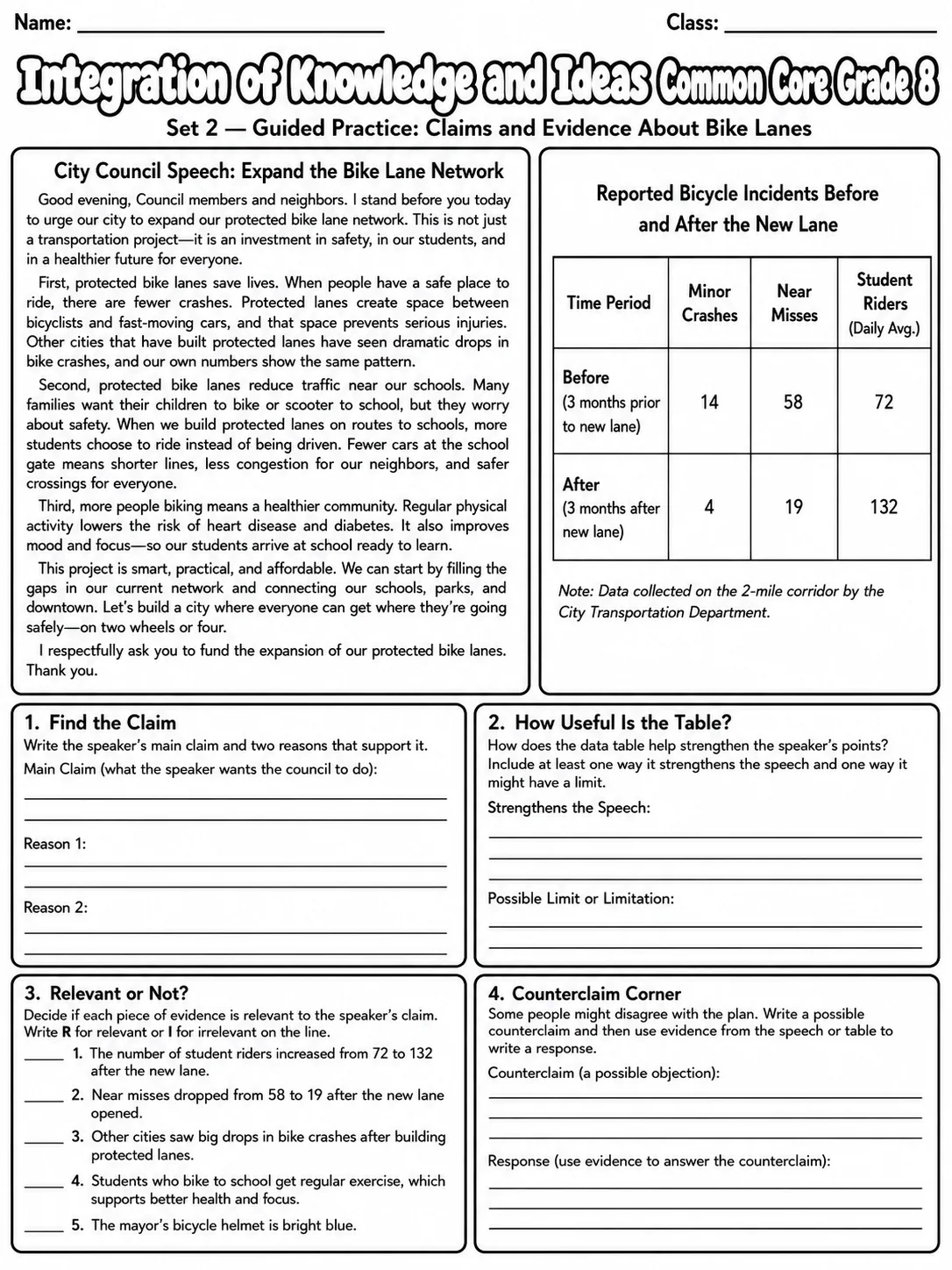 Integration of Knowledge and Ideas Common Core Grade 8 page 5 printable Common Core ELA worksheet preview